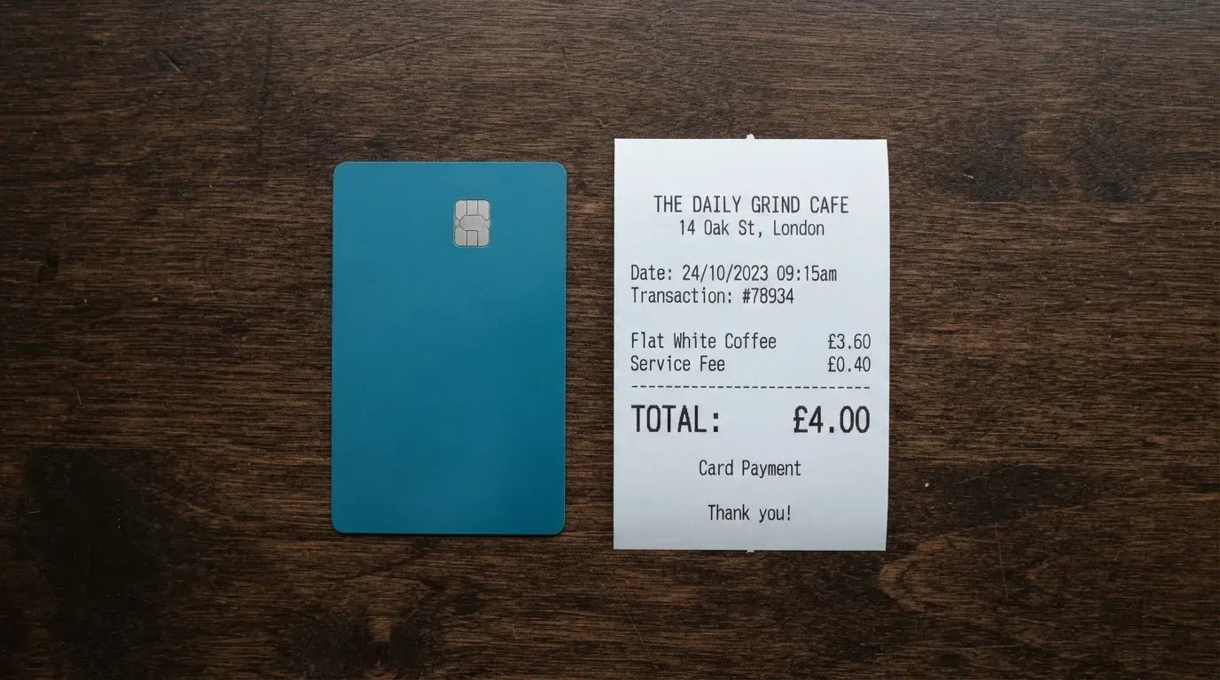 A receipt and a card on a café table