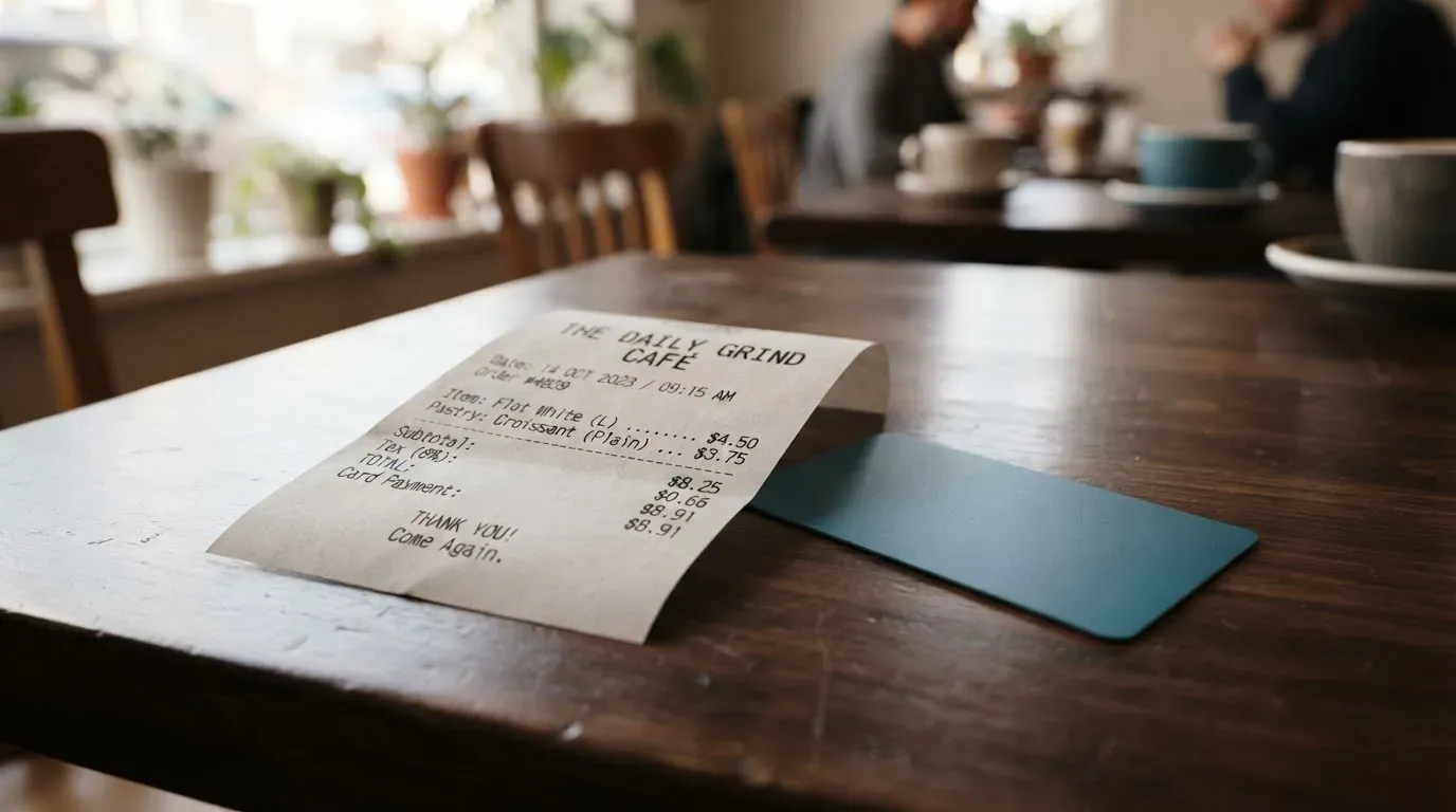 A receipt and a card on a café table