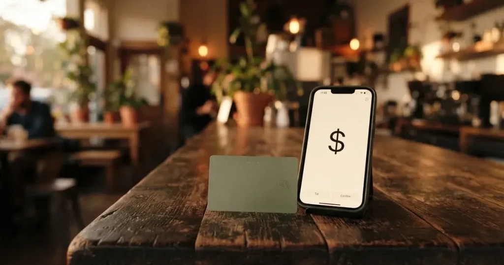 A payment card next to a phone with a crypto wallet app open