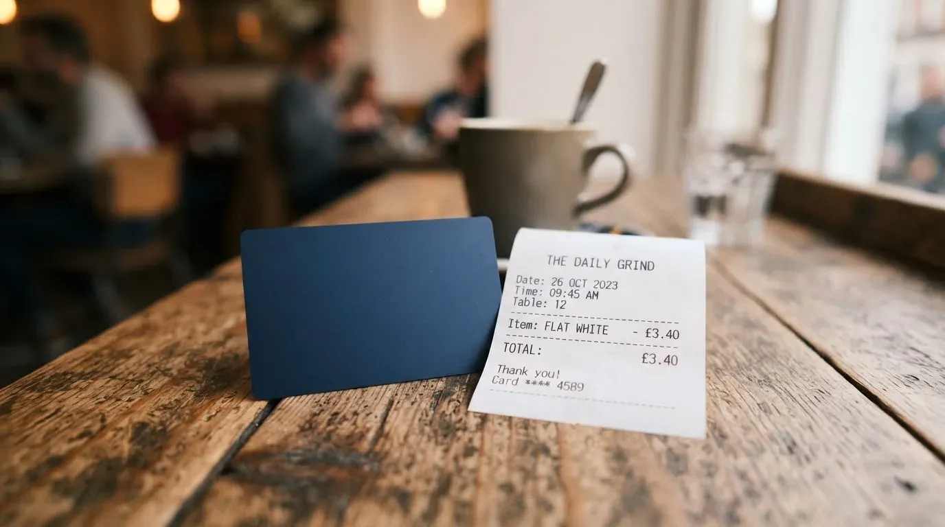A receipt and a card on a café table