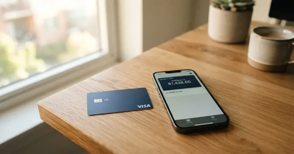 A payment card next to a phone with a crypto wallet app open
