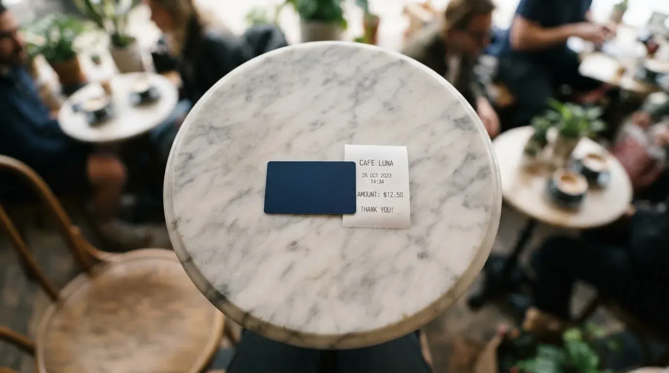 A receipt and a card on a café table