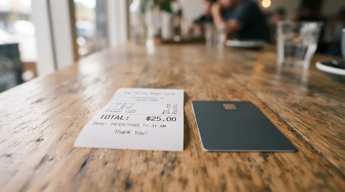 A receipt and a card on a café table