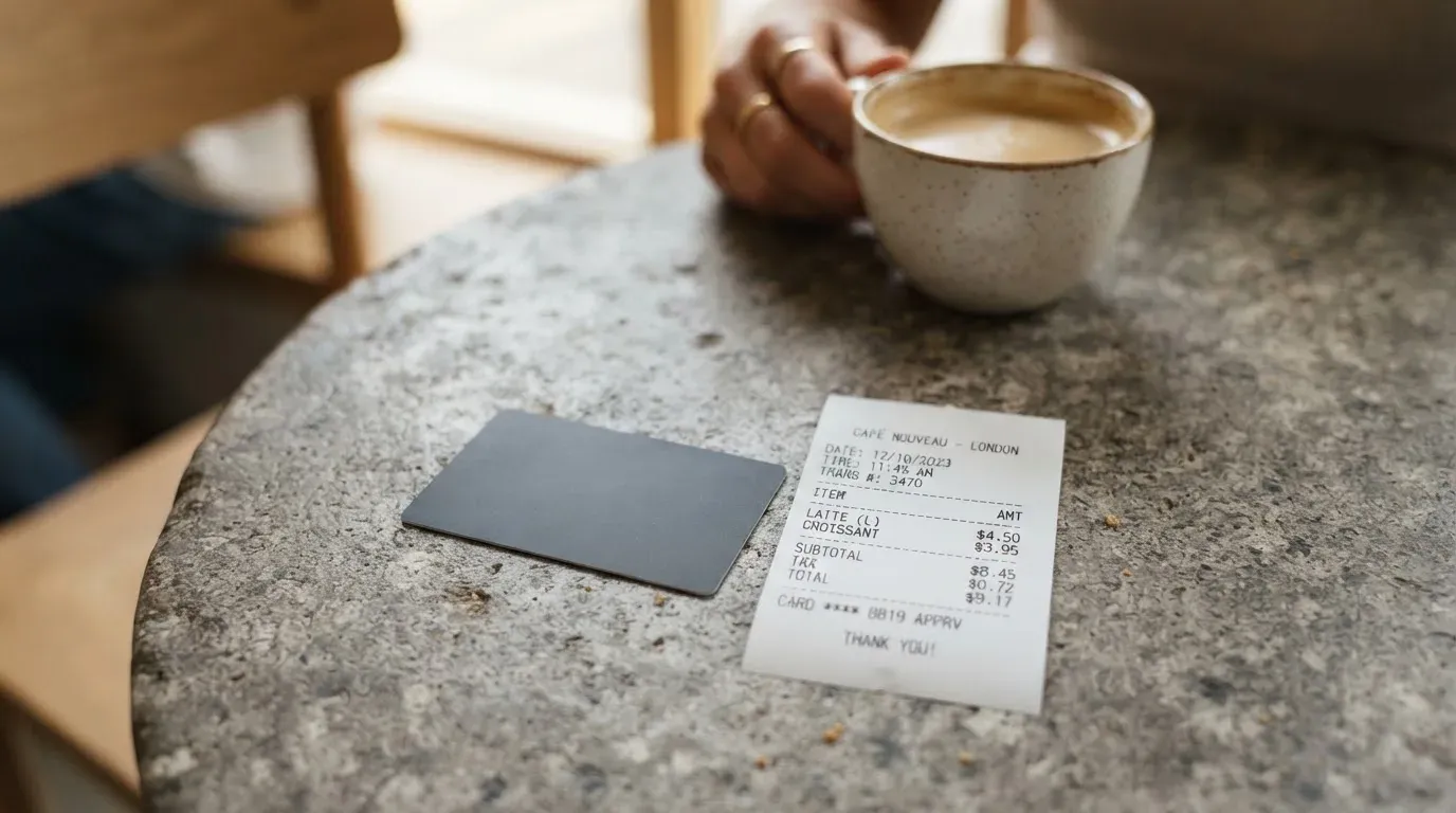 A receipt and a card on a café table