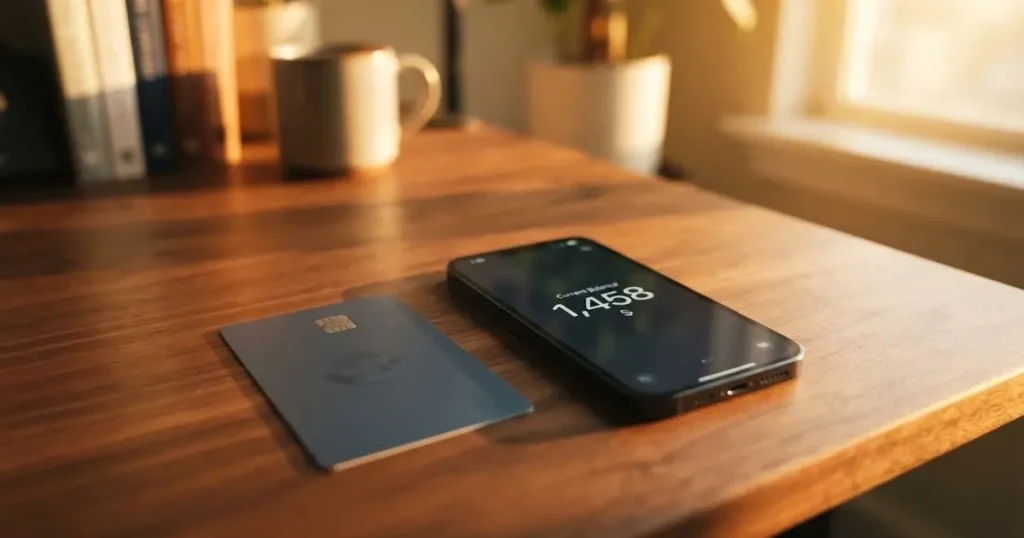 A payment card next to a phone with a crypto wallet app open