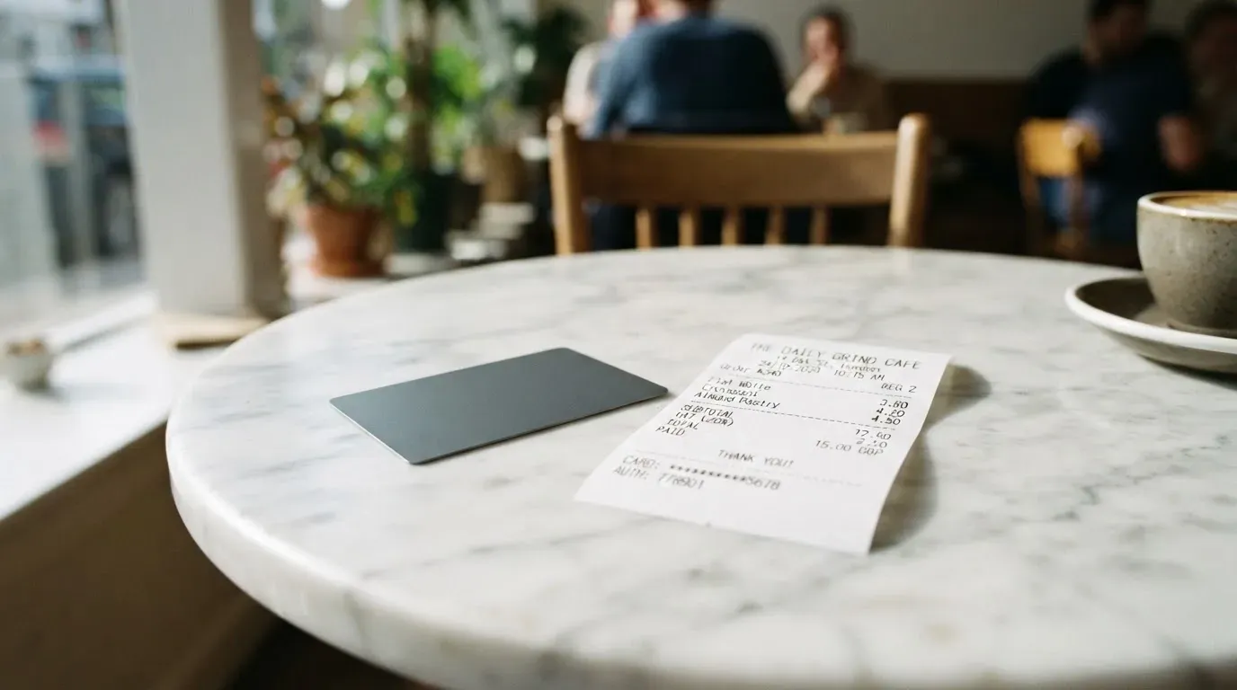 A receipt and a card on a café table