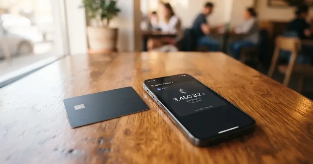 A payment card next to a phone with a crypto wallet app open