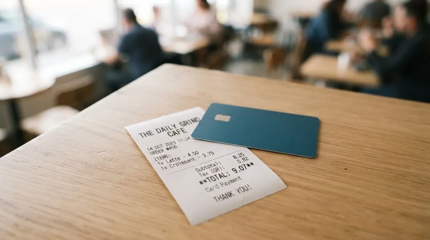 A receipt and a card on a café table