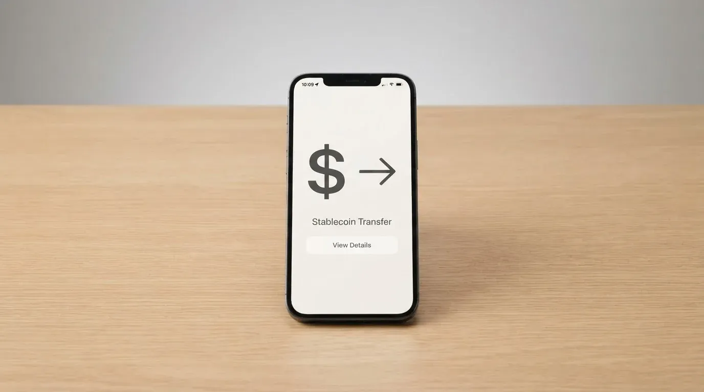 A phone showing a stablecoin transfer screen