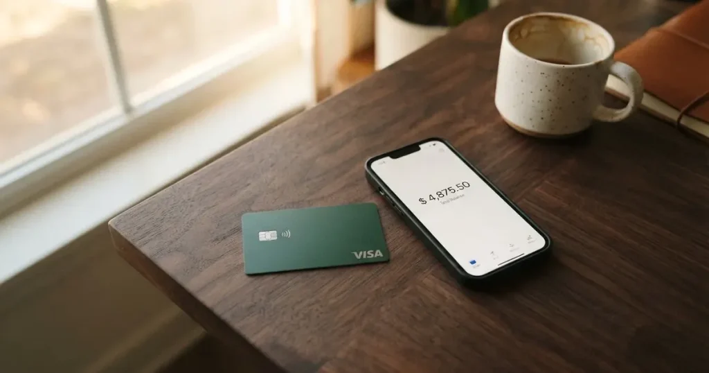 A payment card next to a phone with a crypto wallet app open