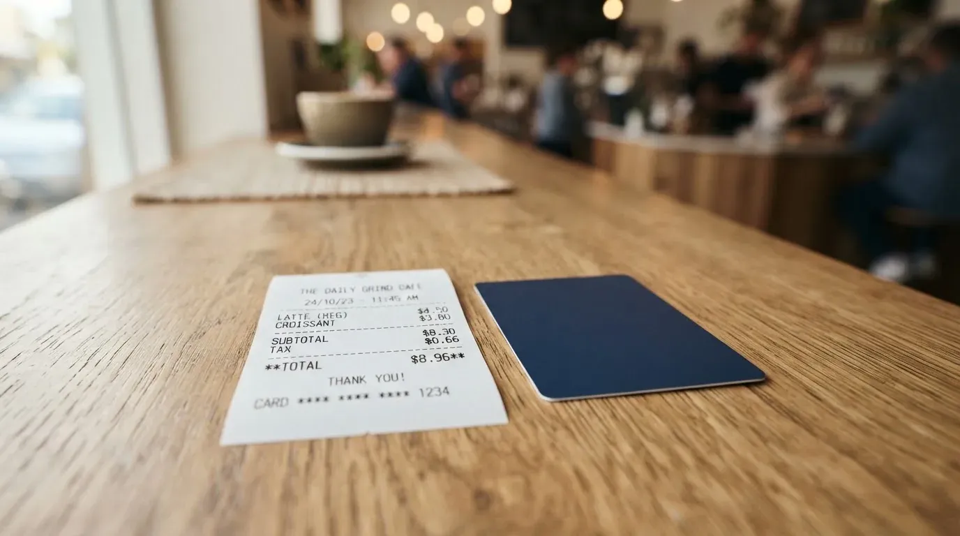 A receipt and a card on a café table