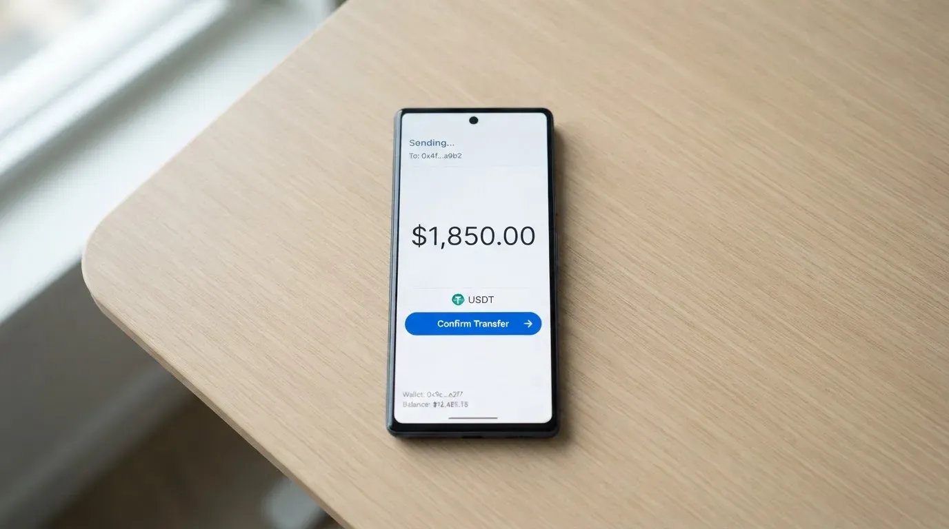 A phone showing a stablecoin transfer screen