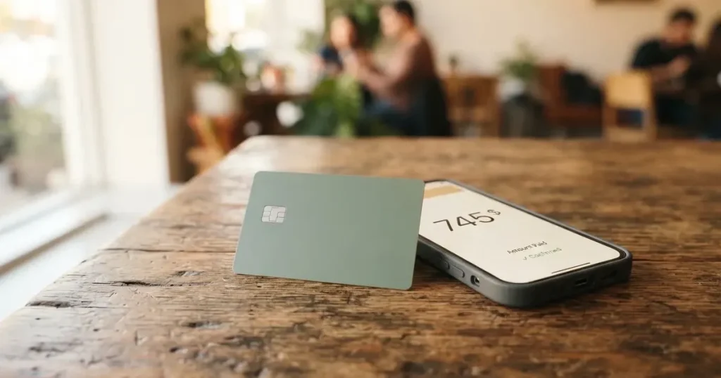 A payment card next to a phone with a crypto wallet app open