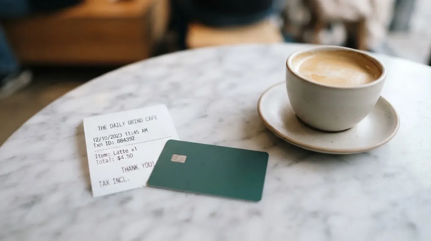 A receipt and a card on a café table