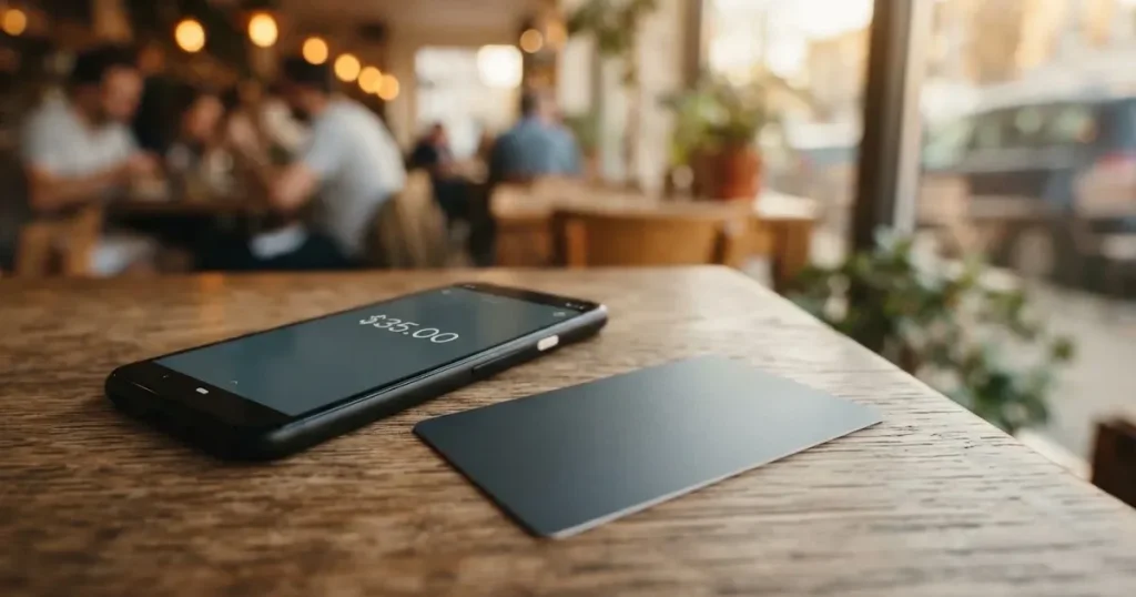 A payment card next to a phone with a crypto wallet app open