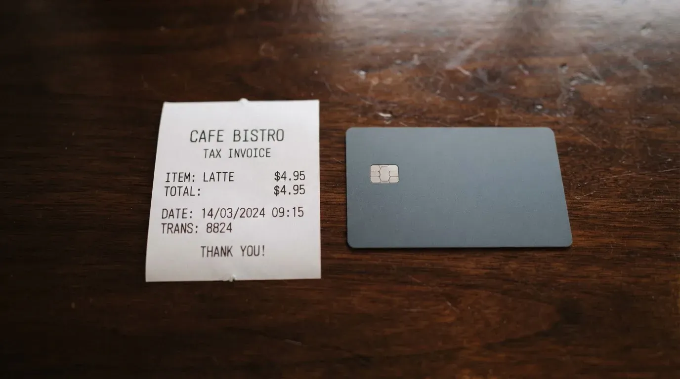 A receipt and a card on a café table