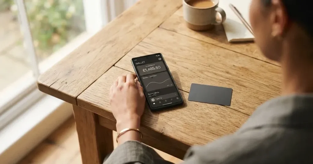 A payment card next to a phone with a crypto wallet app open