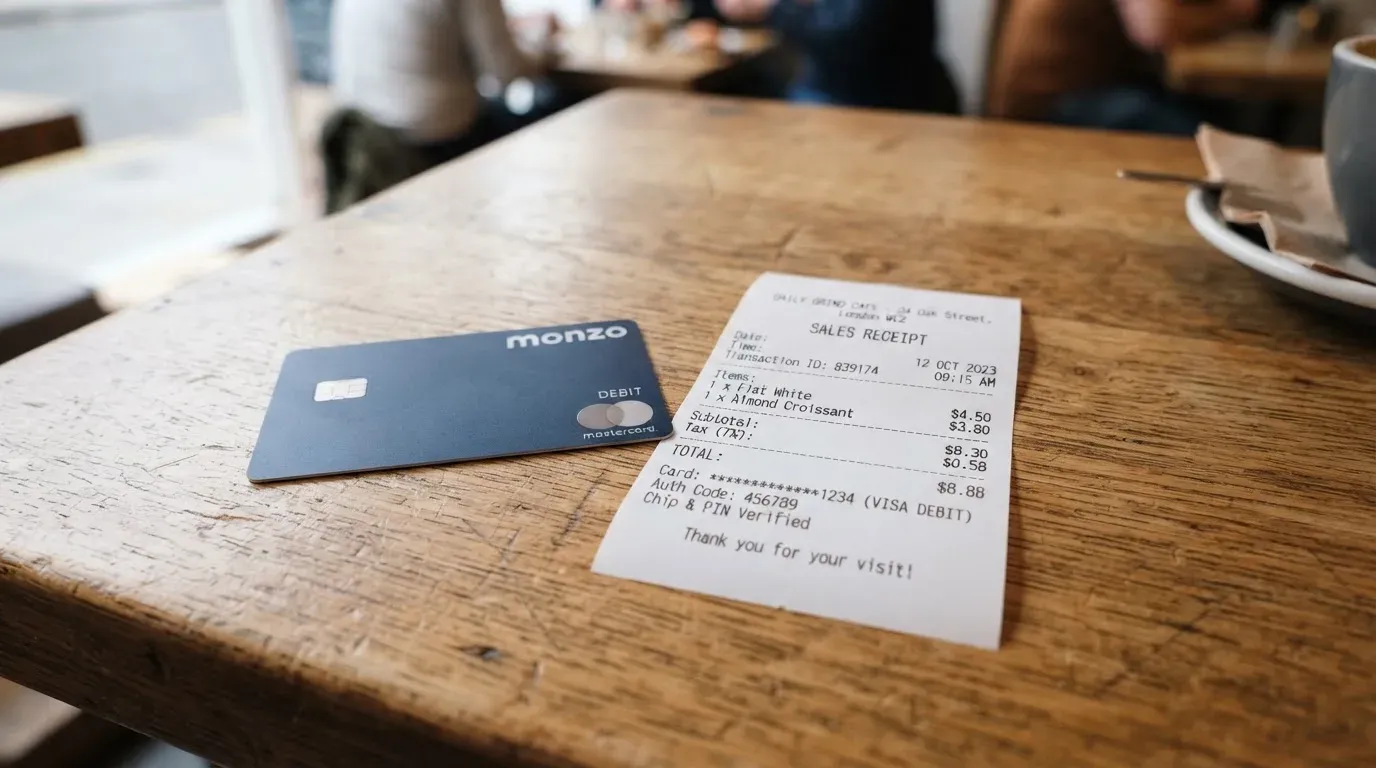 A receipt and a card on a café table