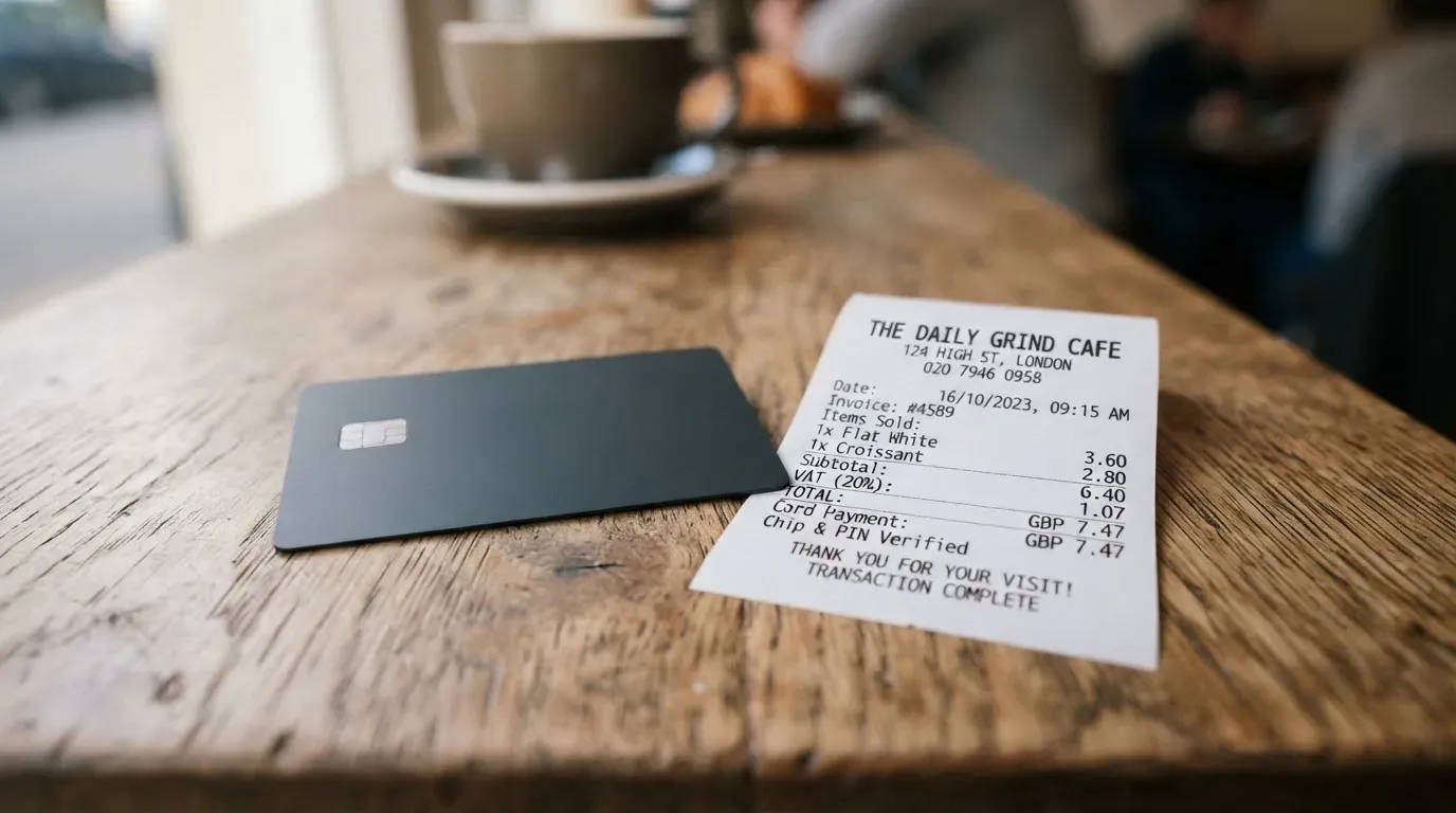 A receipt and a card on a café table