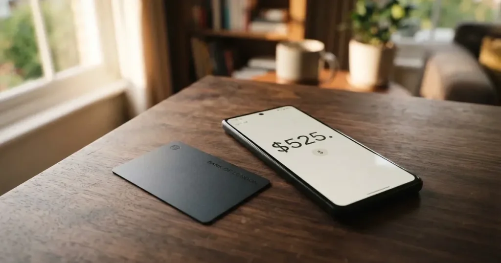 A payment card next to a phone with a crypto wallet app open