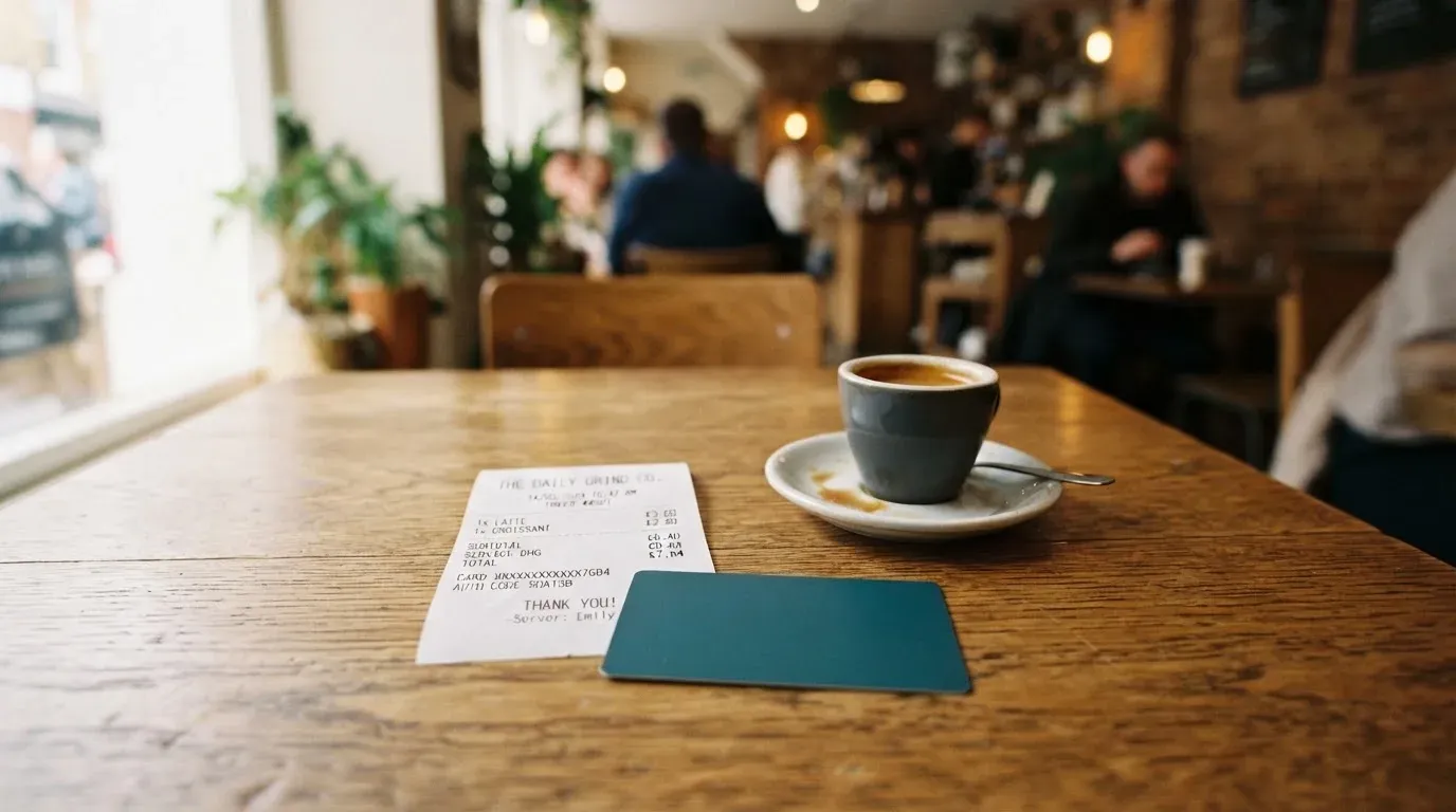 A receipt and a card on a café table