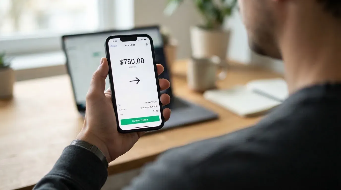 A phone showing a stablecoin transfer screen