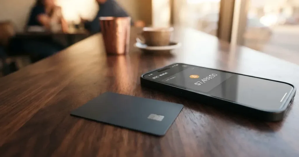 A payment card next to a phone with a crypto wallet app open
