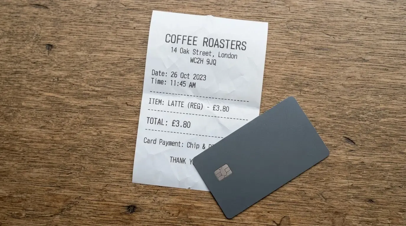 A receipt and a card on a café table