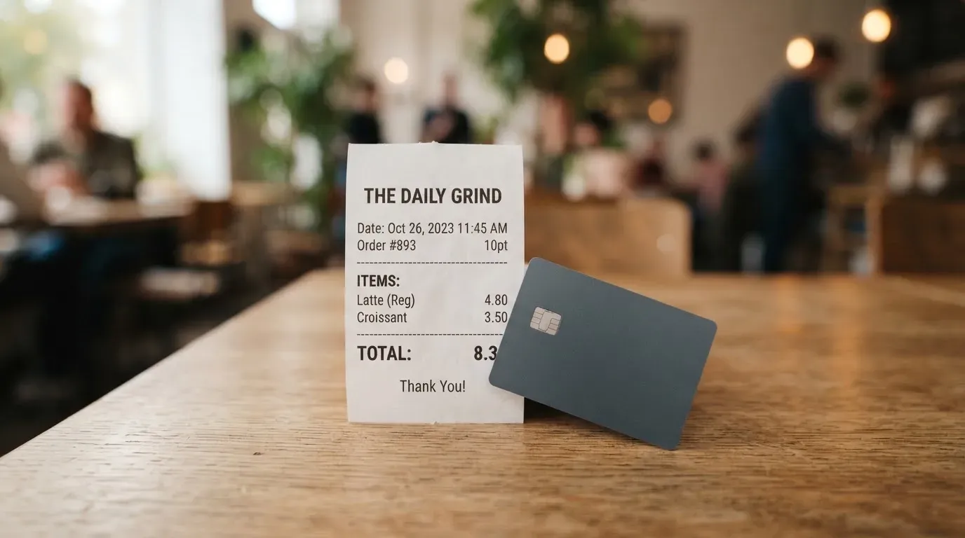 A receipt and a card on a café table