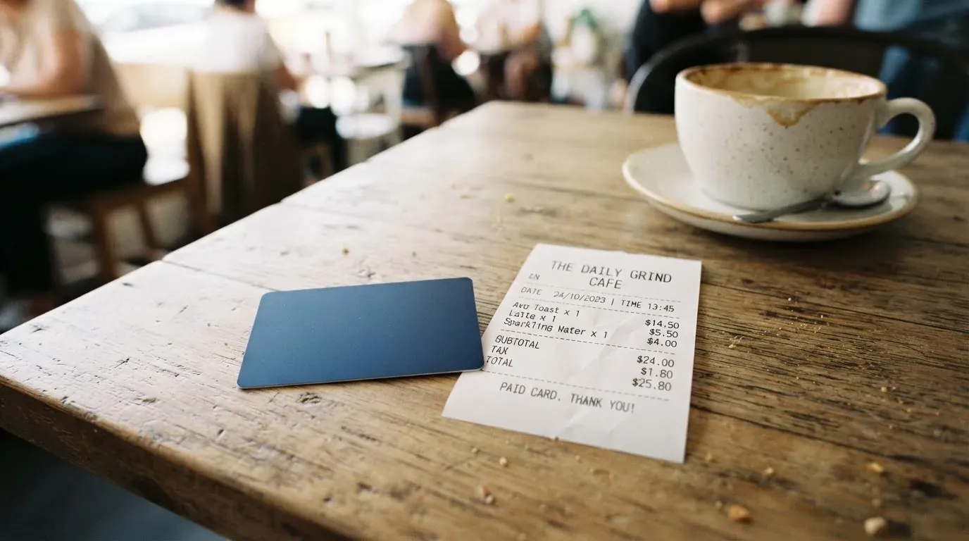 A receipt and a card on a café table