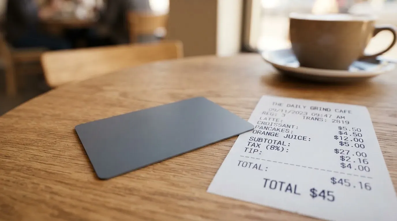 A receipt and a card on a café table