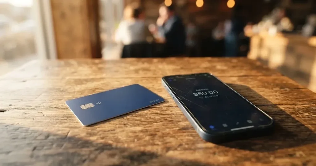 A payment card next to a phone with a crypto wallet app open