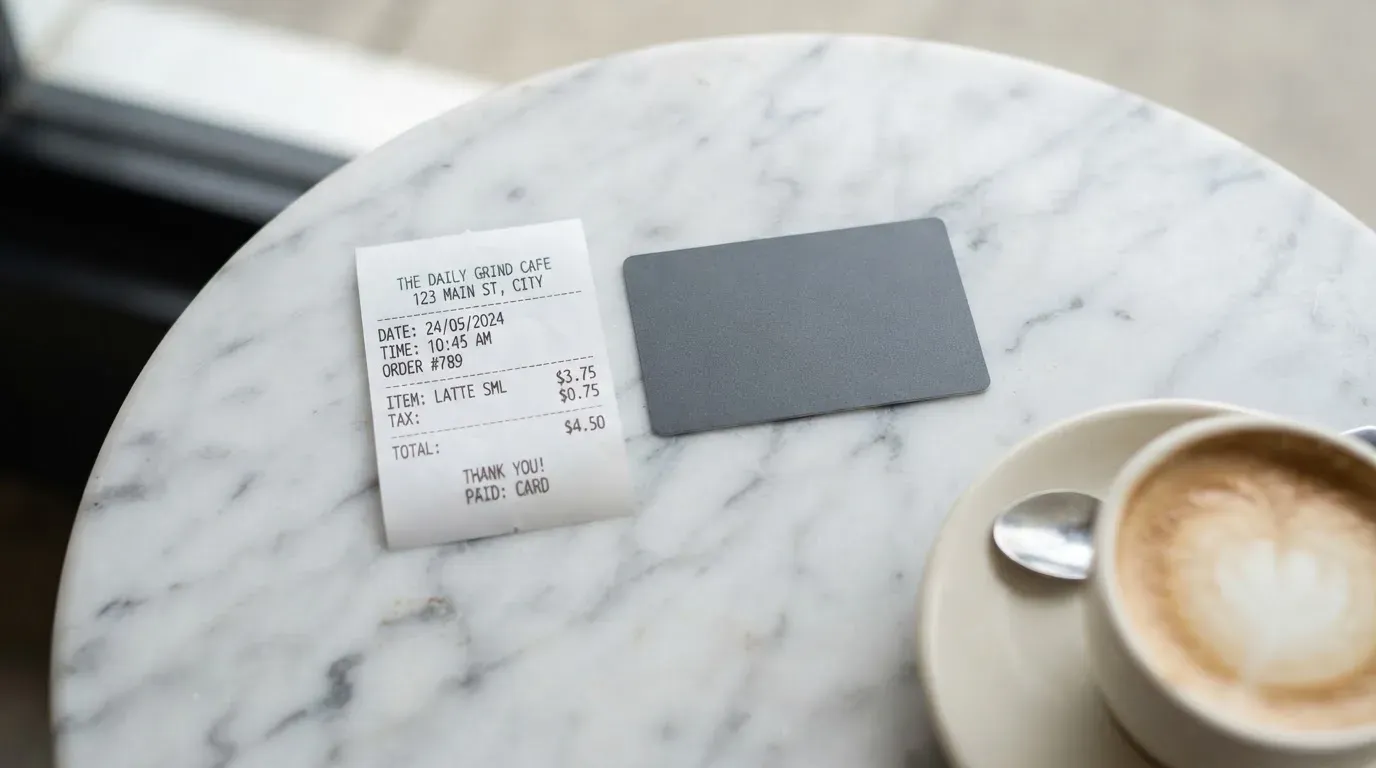 A receipt and a card on a café table