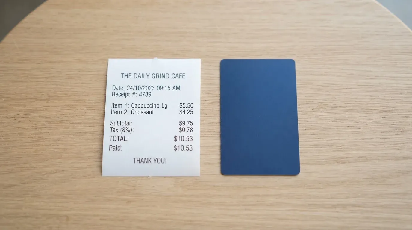 A receipt and a card on a café table