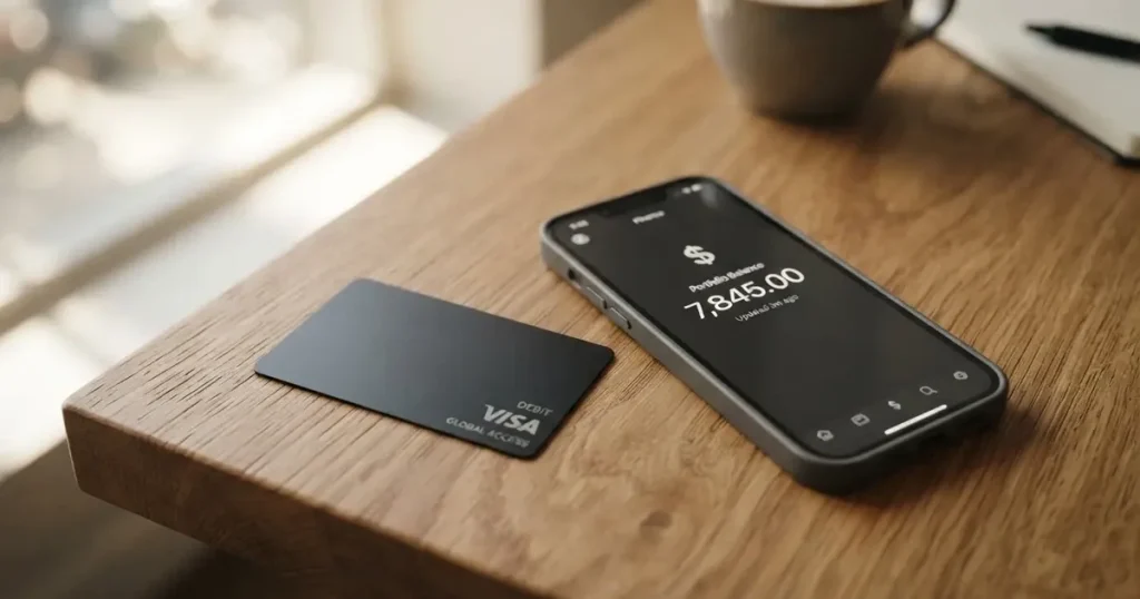A payment card next to a phone with a crypto wallet app open