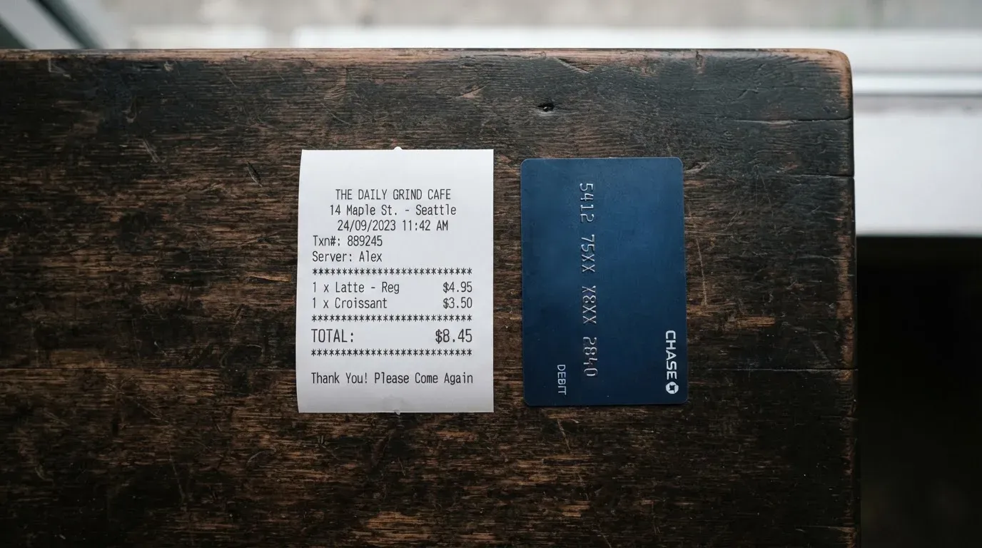 A receipt and a card on a café table