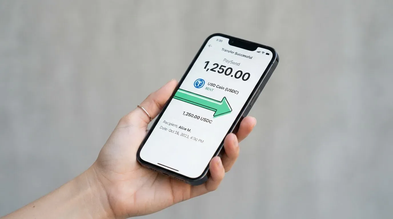 A phone showing a stablecoin transfer screen