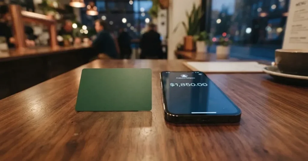 A payment card next to a phone with a crypto wallet app open