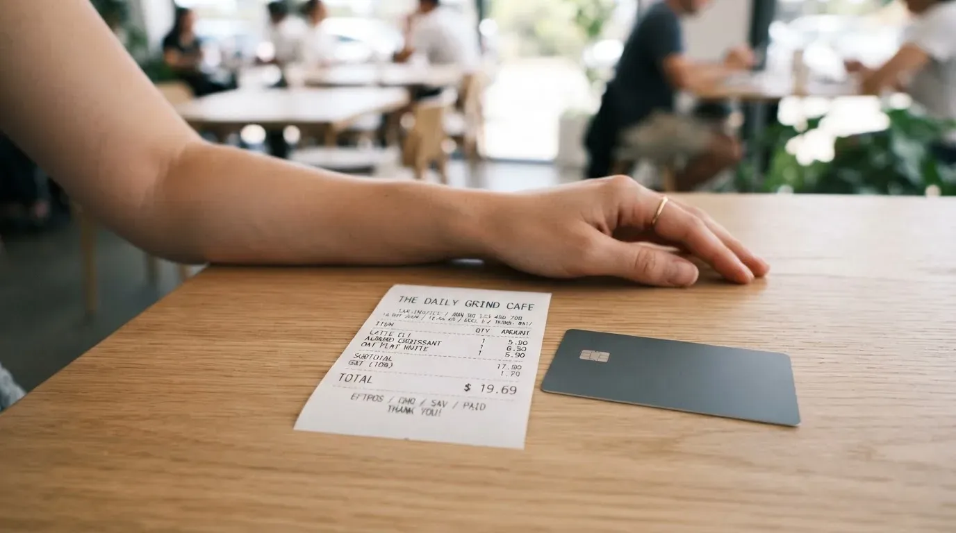 A receipt and a card on a café table