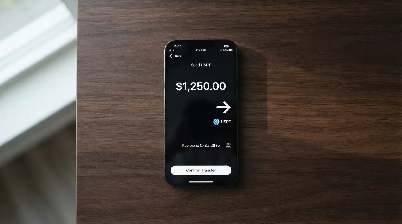 A phone showing a stablecoin transfer screen