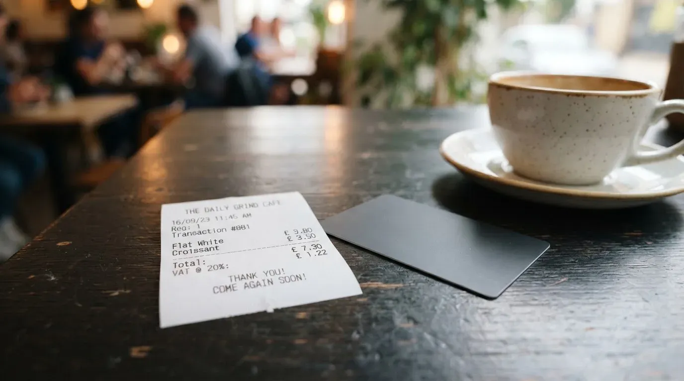 A receipt and a card on a café table