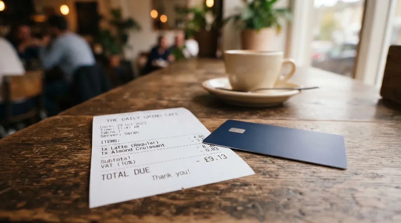 A receipt and a card on a café table