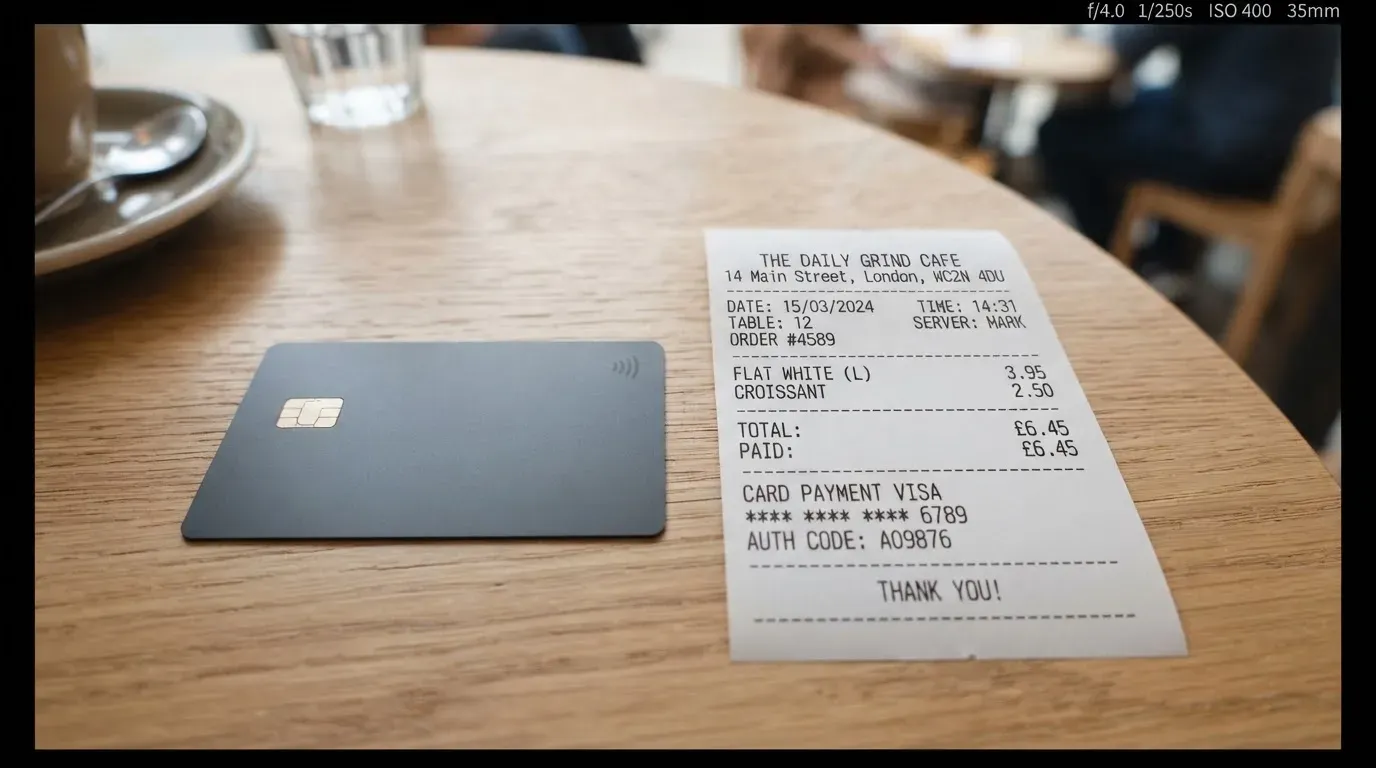 A receipt and a card on a café table