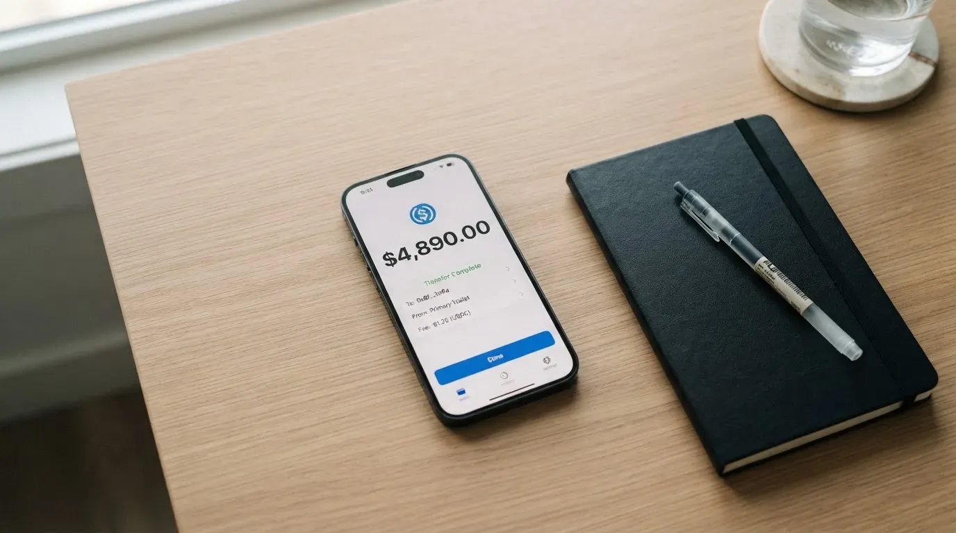 A phone showing a stablecoin transfer screen