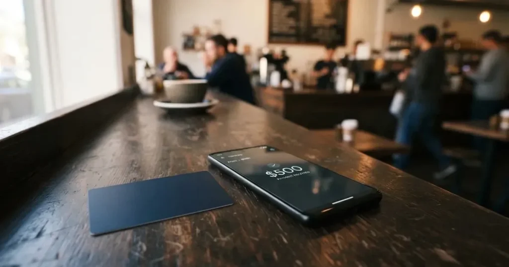 A payment card next to a phone with a crypto wallet app open