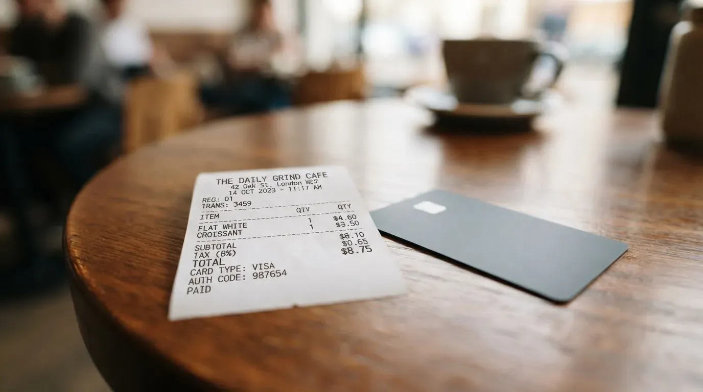 A receipt and a card on a café table