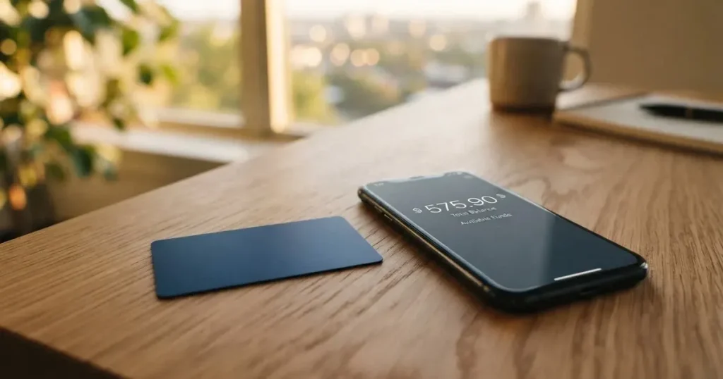 A payment card next to a phone with a crypto wallet app open
