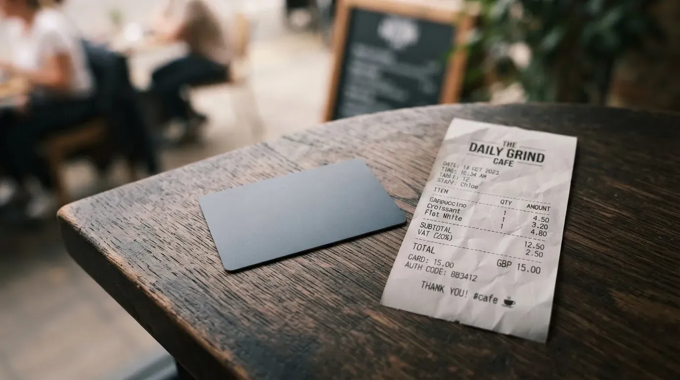 A receipt and a card on a café table