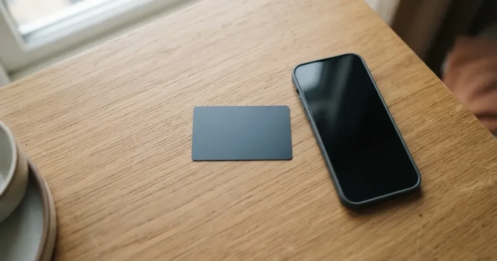 A payment card next to a phone with a crypto wallet app open