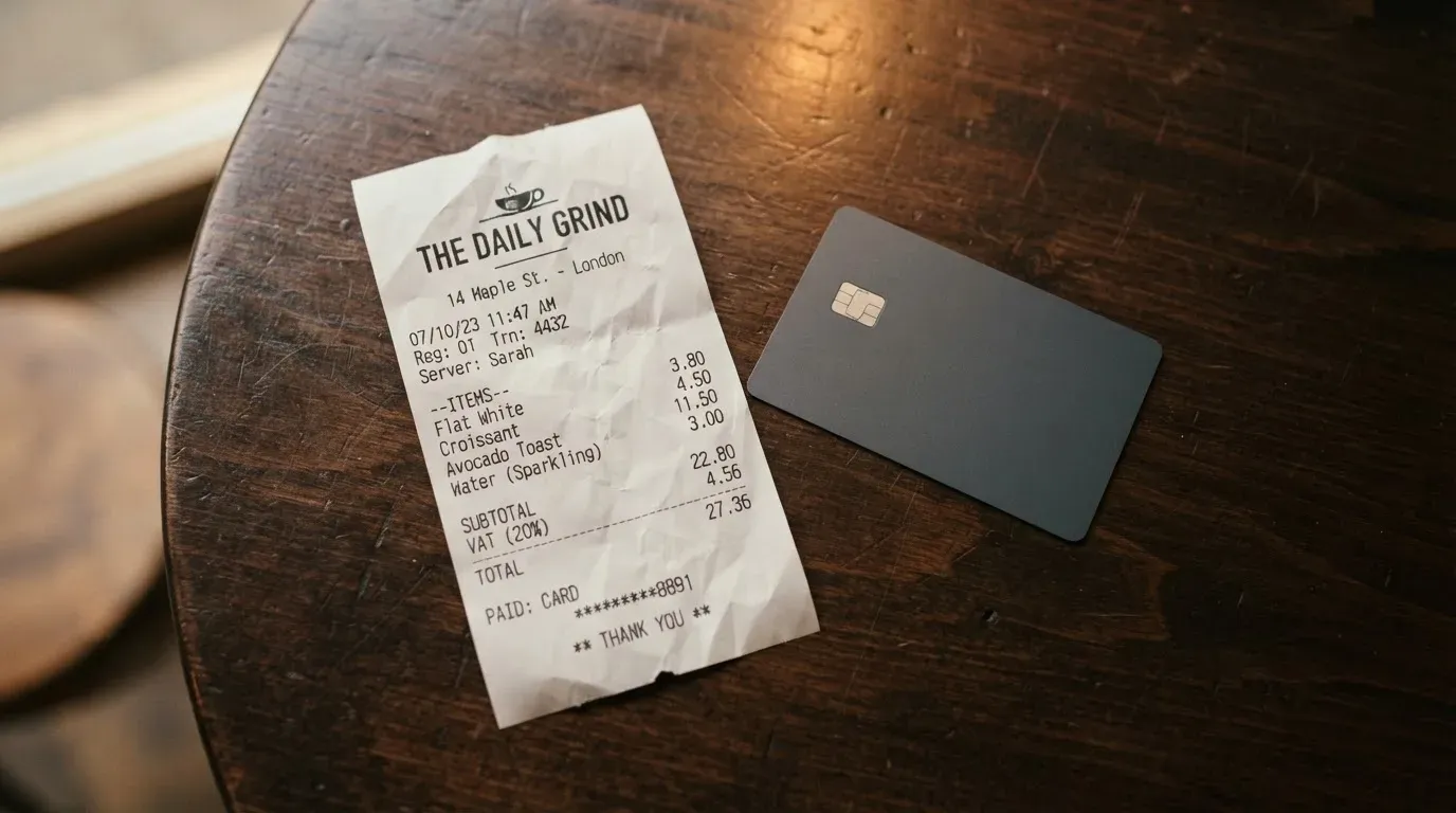 A receipt and a card on a café table